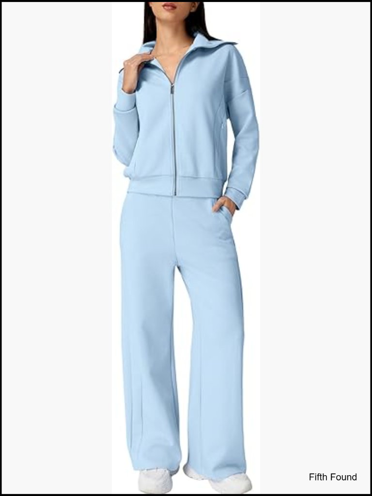 Women's Cotton Zip Up Sweatshirt & Wide Leg Pants Matching Tracksuit Set